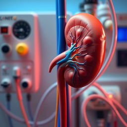 A detailed and intricate depiction of a human kidney, showing the effects of dialysis treatment