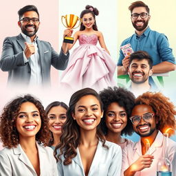 A collection of diverse successful and happy individuals, showcasing a range of professions such as entrepreneurs, artists, and scientists