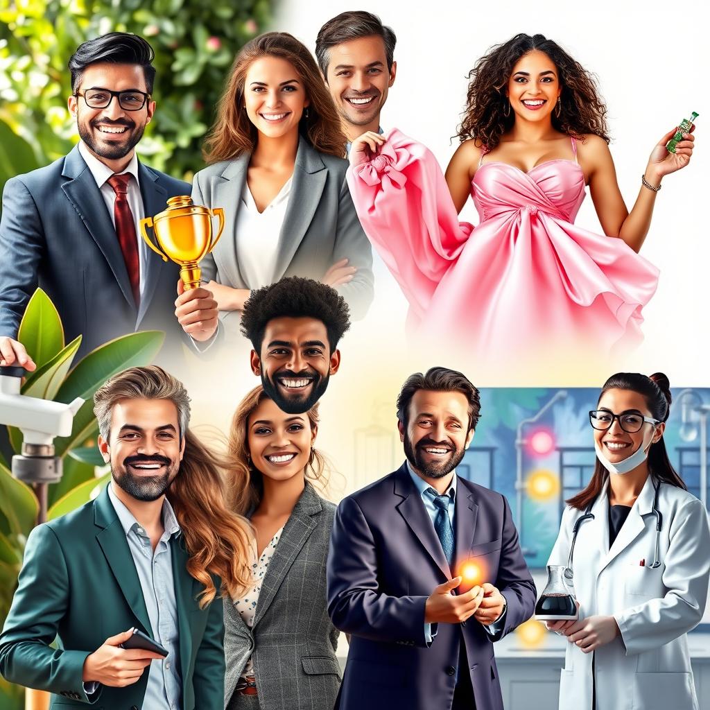 A collection of diverse successful and happy individuals, showcasing a range of professions such as entrepreneurs, artists, and scientists