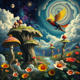 A surreal and strange random image featuring a whimsical fusion of vibrant colors and unusual shapes