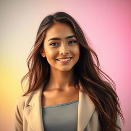 A stylish and attractive profile picture of a young adult woman with long, flowing hair and bright eyes, wearing a chic outfit that reflects current fashion trends