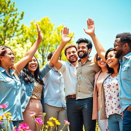 A vibrant and uplifting image depicting a diverse group of successful and happy individuals
