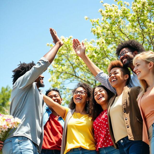 A vibrant and uplifting image depicting a diverse group of successful and happy individuals