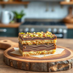 A delicious kek batik dessert topped with a generous layer of pistachio kunafa, presented in the size of a protein bar