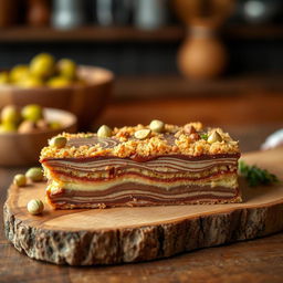 A delicious kek batik dessert topped with a generous layer of pistachio kunafa, presented in the size of a protein bar