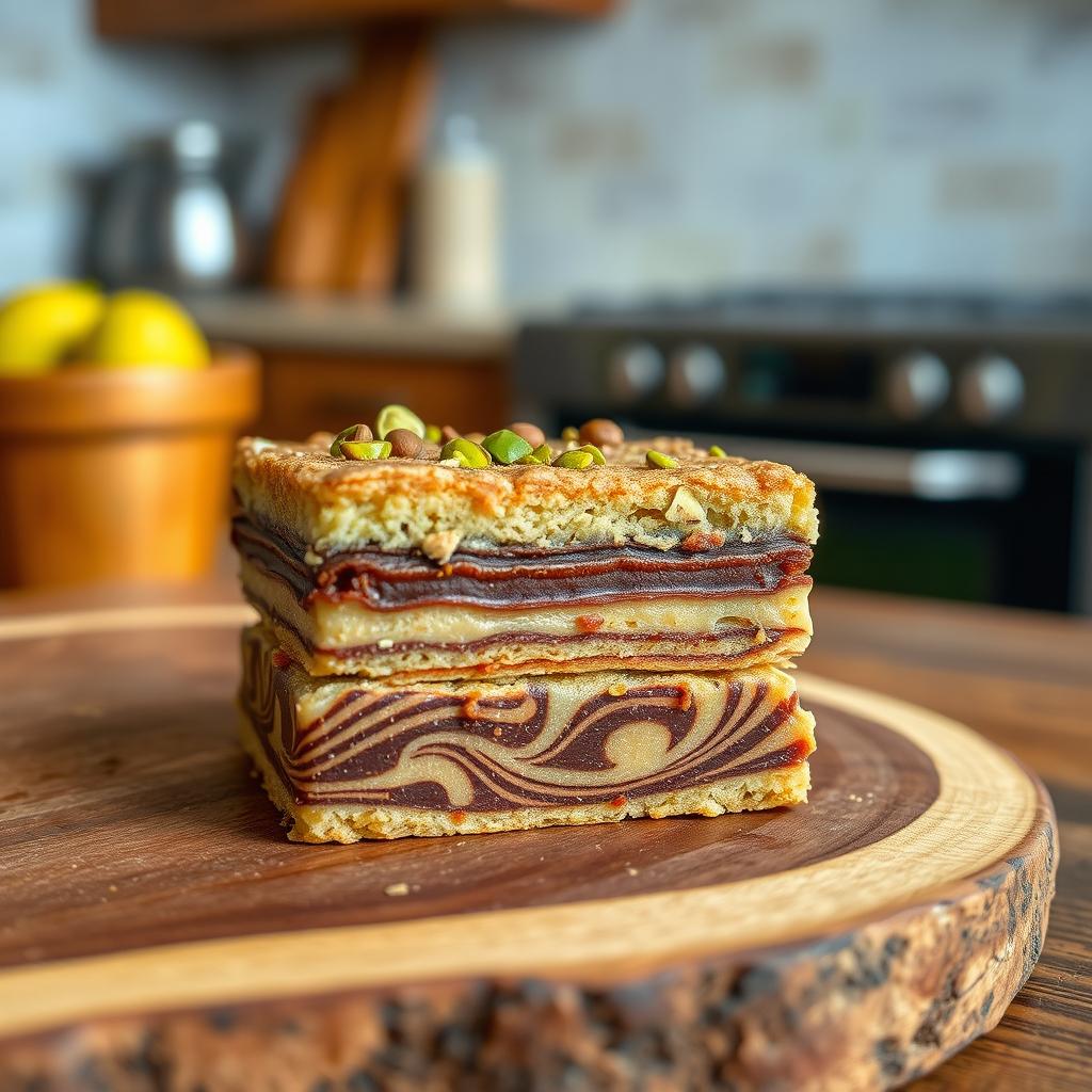 A delicious kek batik dessert topped with a generous layer of pistachio kunafa, presented in the size of a protein bar