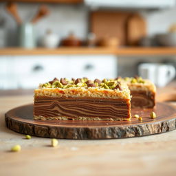 A delicious kek batik dessert topped with a generous layer of pistachio kunafa, presented in the size of a protein bar