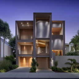 Design a modern three-story building occupying a 100ft x 30ft space with a right-sided garage. The garage features a staircase inside, and the building displays beautiful architectural aesthetics.