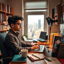 A young Iranian boy working as an editor, sitting in a cozy, stylish workspace surrounded by books and editing equipment