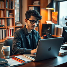 A young Iranian boy working as an editor, sitting in a cozy, stylish workspace surrounded by books and editing equipment