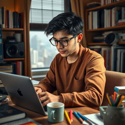 A young Iranian boy working as an editor, sitting in a cozy, stylish workspace surrounded by books and editing equipment