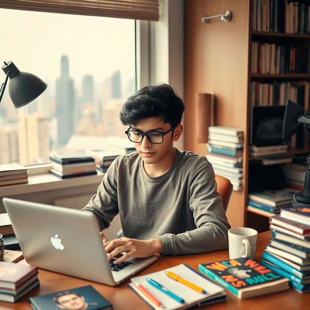 A young Iranian boy working as an editor, sitting in a cozy, stylish workspace surrounded by books and editing equipment