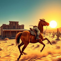 A vibrant Western scene capturing the essence of the Wild West, featuring a cowboy riding a chestnut horse across a sunlit desert landscape