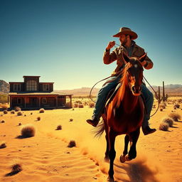 A vibrant Western scene capturing the essence of the Wild West, featuring a cowboy riding a chestnut horse across a sunlit desert landscape
