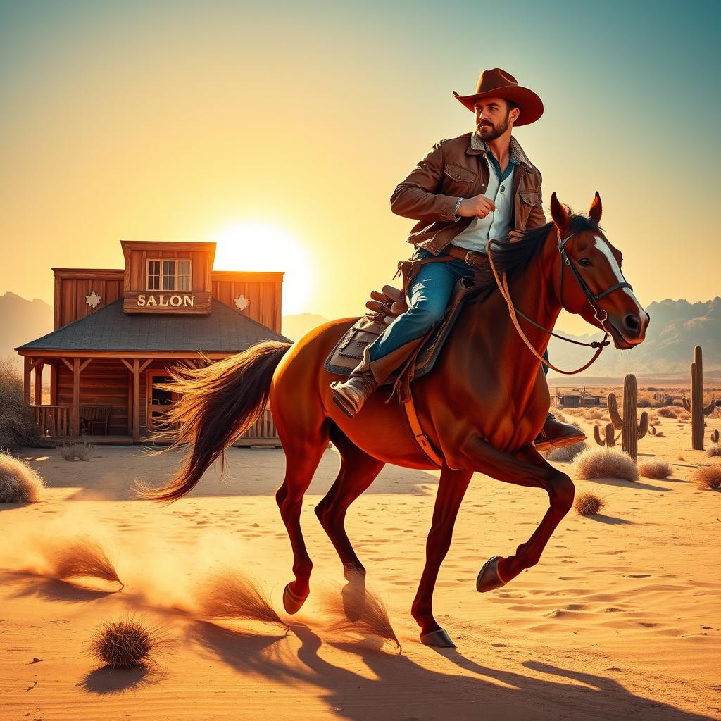 A vibrant Western scene capturing the essence of the Wild West, featuring a cowboy riding a chestnut horse across a sunlit desert landscape