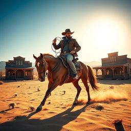 A vibrant Western scene capturing the essence of the Wild West, featuring a cowboy riding a chestnut horse across a sunlit desert landscape