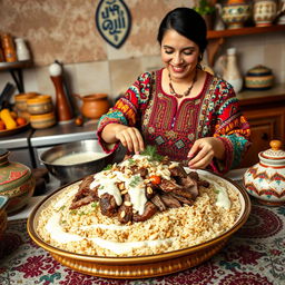 A beautiful scene of a Jordanian woman gracefully cooking Mansaf, a traditional Jordanian dish
