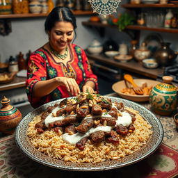 A beautiful scene of a Jordanian woman gracefully cooking Mansaf, a traditional Jordanian dish