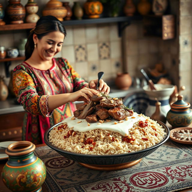 A beautiful scene of a Jordanian woman gracefully cooking Mansaf, a traditional Jordanian dish