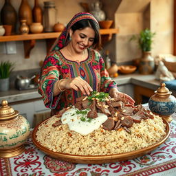 A beautiful scene of a Jordanian woman gracefully cooking Mansaf, a traditional Jordanian dish