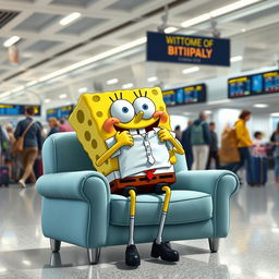 An imaginative scene featuring SpongeBob SquarePants joyfully eating a simple shirt while sitting on a couch inspired by Darwin Watterson from The Amazing World of Gumball at an airport
