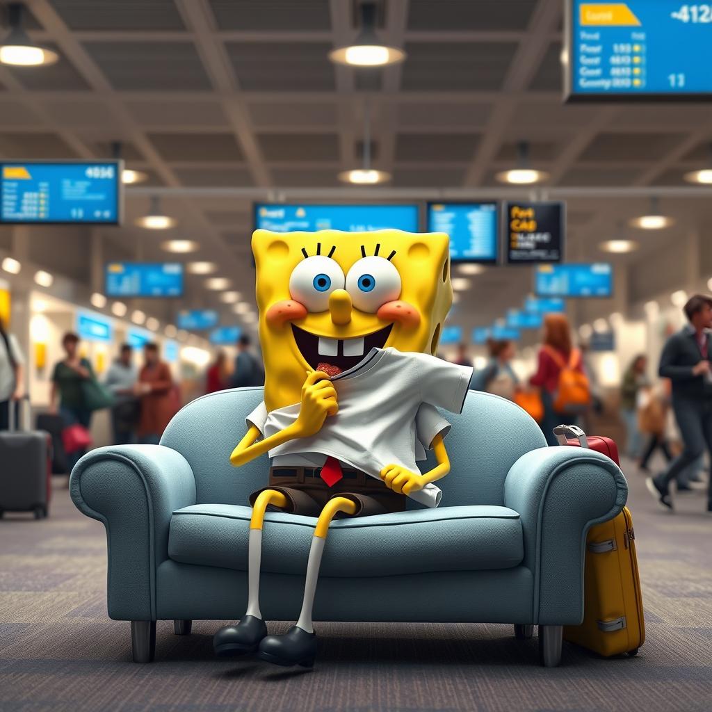 An imaginative scene featuring SpongeBob SquarePants joyfully eating a simple shirt while sitting on a couch inspired by Darwin Watterson from The Amazing World of Gumball at an airport