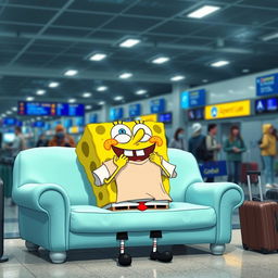 An imaginative scene featuring SpongeBob SquarePants joyfully eating a simple shirt while sitting on a couch inspired by Darwin Watterson from The Amazing World of Gumball at an airport