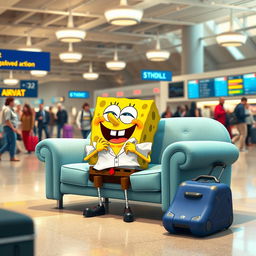 An imaginative scene featuring SpongeBob SquarePants joyfully eating a simple shirt while sitting on a couch inspired by Darwin Watterson from The Amazing World of Gumball at an airport