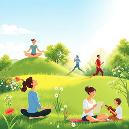 A peaceful serene scene depicting various positive activities for mental and physical well-being, including individuals practicing meditation in a tranquil nature setting, people engaging in outdoor exercise such as jogging and yoga, others learning new skills like painting and playing musical instruments