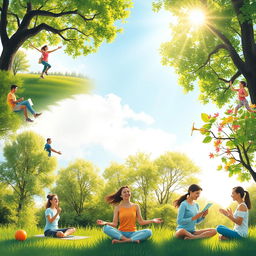 A peaceful serene scene depicting various positive activities for mental and physical well-being, including individuals practicing meditation in a tranquil nature setting, people engaging in outdoor exercise such as jogging and yoga, others learning new skills like painting and playing musical instruments