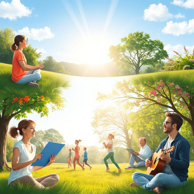 A peaceful serene scene depicting various positive activities for mental and physical well-being, including individuals practicing meditation in a tranquil nature setting, people engaging in outdoor exercise such as jogging and yoga, others learning new skills like painting and playing musical instruments