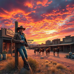 A captivating Western scene depicting a lively desert town at sunset, featuring a dramatic sky filled with vibrant hues of orange and pink