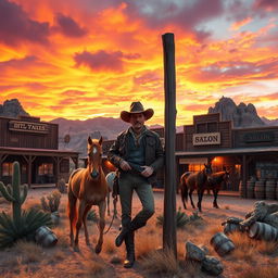 A captivating Western scene depicting a lively desert town at sunset, featuring a dramatic sky filled with vibrant hues of orange and pink