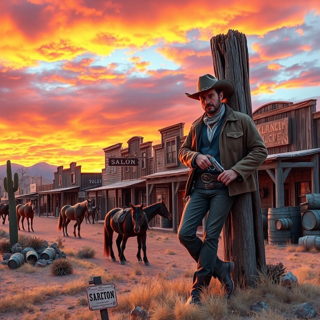 A captivating Western scene depicting a lively desert town at sunset, featuring a dramatic sky filled with vibrant hues of orange and pink