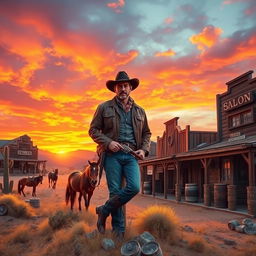 A captivating Western scene depicting a lively desert town at sunset, featuring a dramatic sky filled with vibrant hues of orange and pink