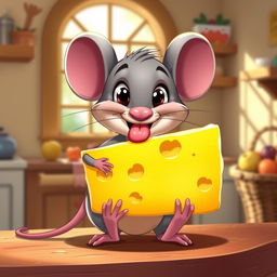 A cute cartoon mouse joyfully licking a large piece of cheese