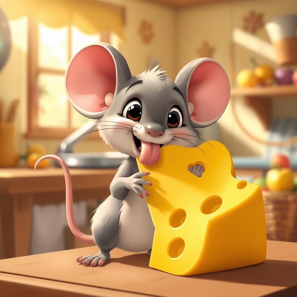 A cute cartoon mouse joyfully licking a large piece of cheese