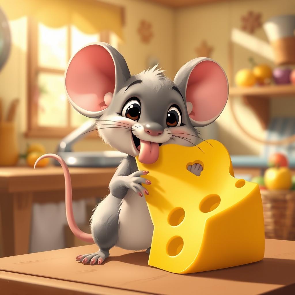 A cute cartoon mouse joyfully licking a large piece of cheese