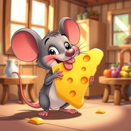 A cute cartoon mouse joyfully licking a large piece of cheese