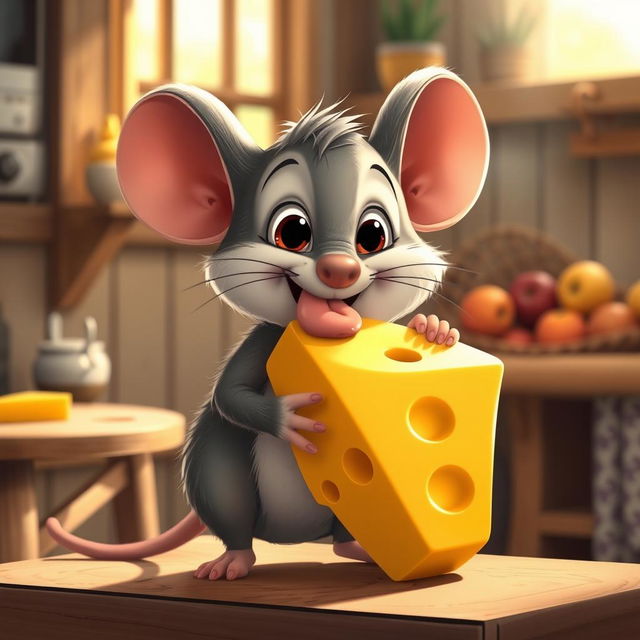 A cute cartoon mouse joyfully licking a large piece of cheese