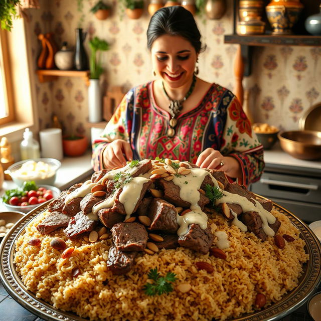 A captivating scene of a Jordanian woman cooking Mansaf, a traditional Jordanian dish