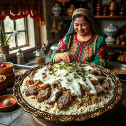 A captivating scene of a Jordanian woman cooking Mansaf, a traditional Jordanian dish