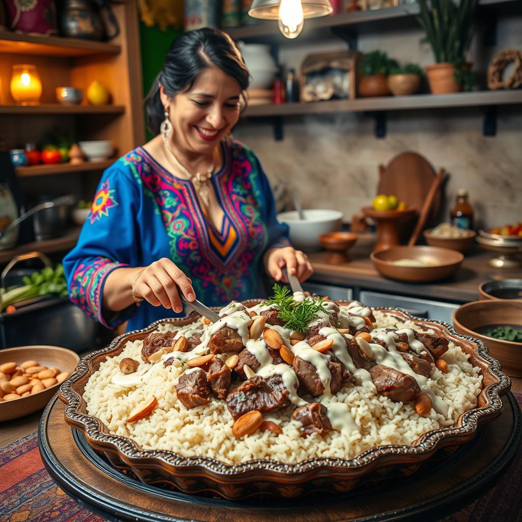 A captivating scene of a Jordanian woman cooking Mansaf, a traditional Jordanian dish