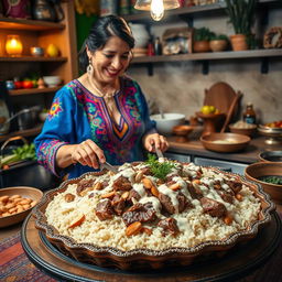 A captivating scene of a Jordanian woman cooking Mansaf, a traditional Jordanian dish