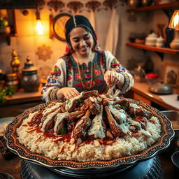 A captivating scene of a Jordanian woman cooking Mansaf, a traditional Jordanian dish