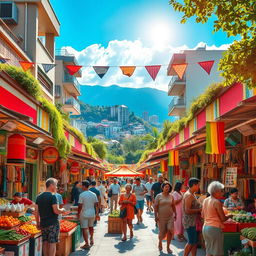 A vibrant and bustling marketplace with colorful stalls and shops