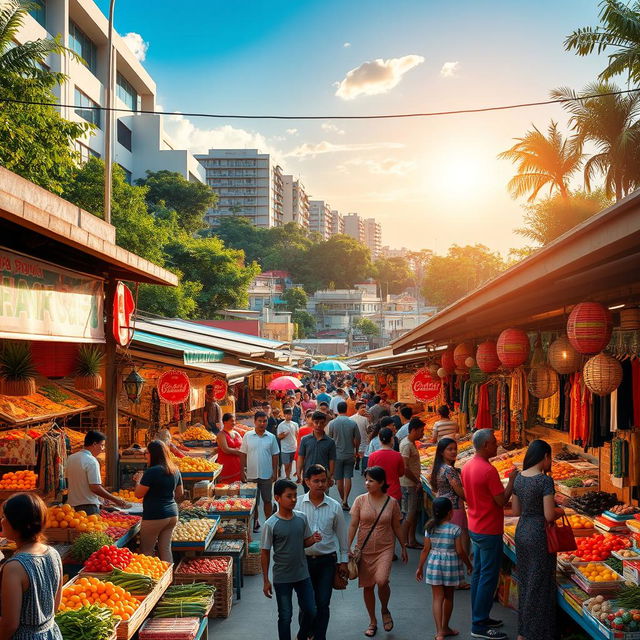 A vibrant and bustling marketplace with colorful stalls and shops