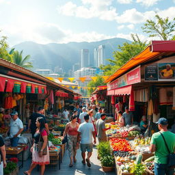 A vibrant and bustling marketplace with colorful stalls and shops