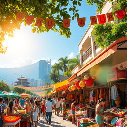 A vibrant and bustling marketplace with colorful stalls and shops