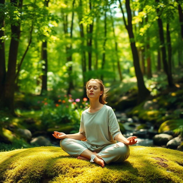 A serene and tranquil scene of meditation in a lush green forest, with sunlight filtering through the tall trees, casting dappled shadows on the ground